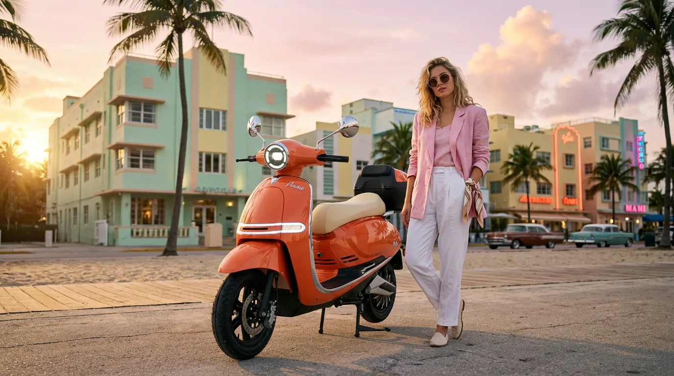 Model u ružičastom sakou uz PUSA Orange skuter i oldtimere