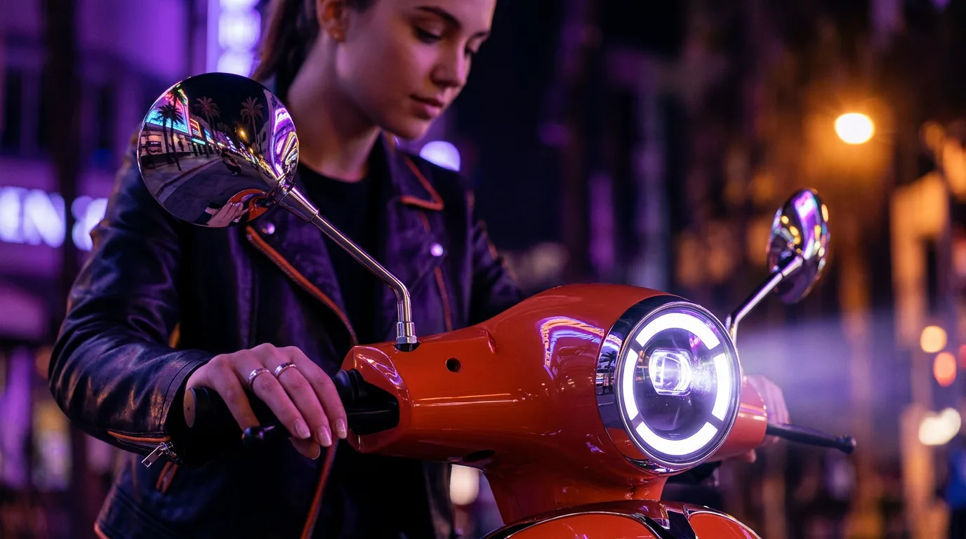 Krupni kadar LED prstena na faru PUSA Orange skutera noću